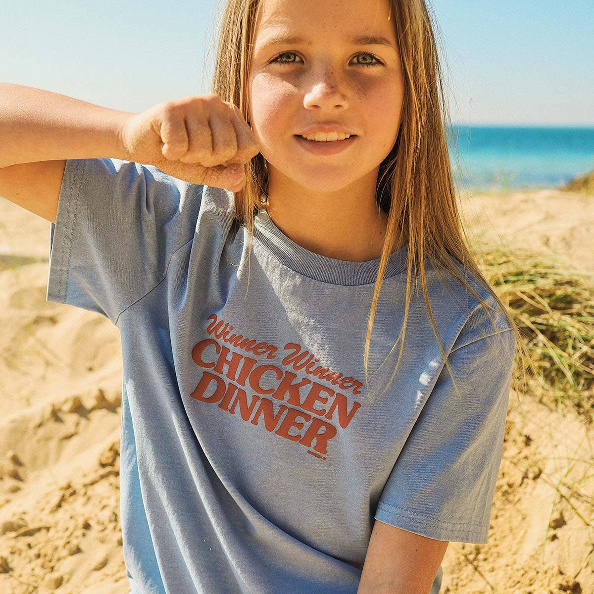 Chicken Dinner Kids Slang Tee in Light Blue