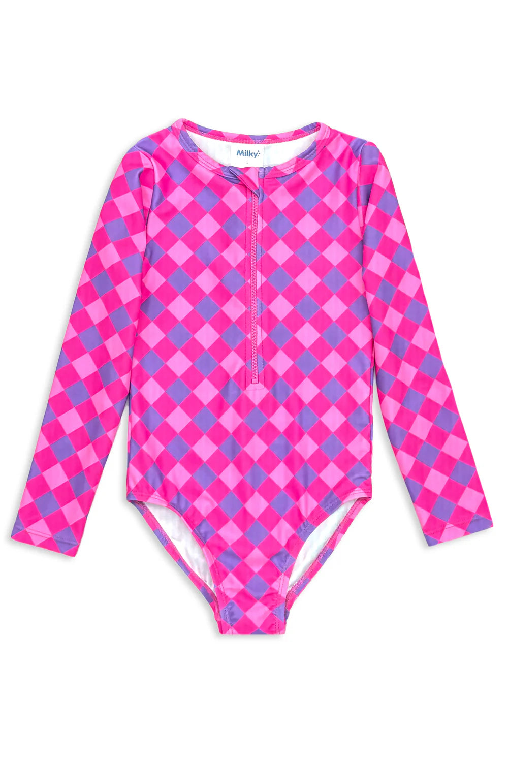 Girls Lilac Check Long Sleeve Swimsuit