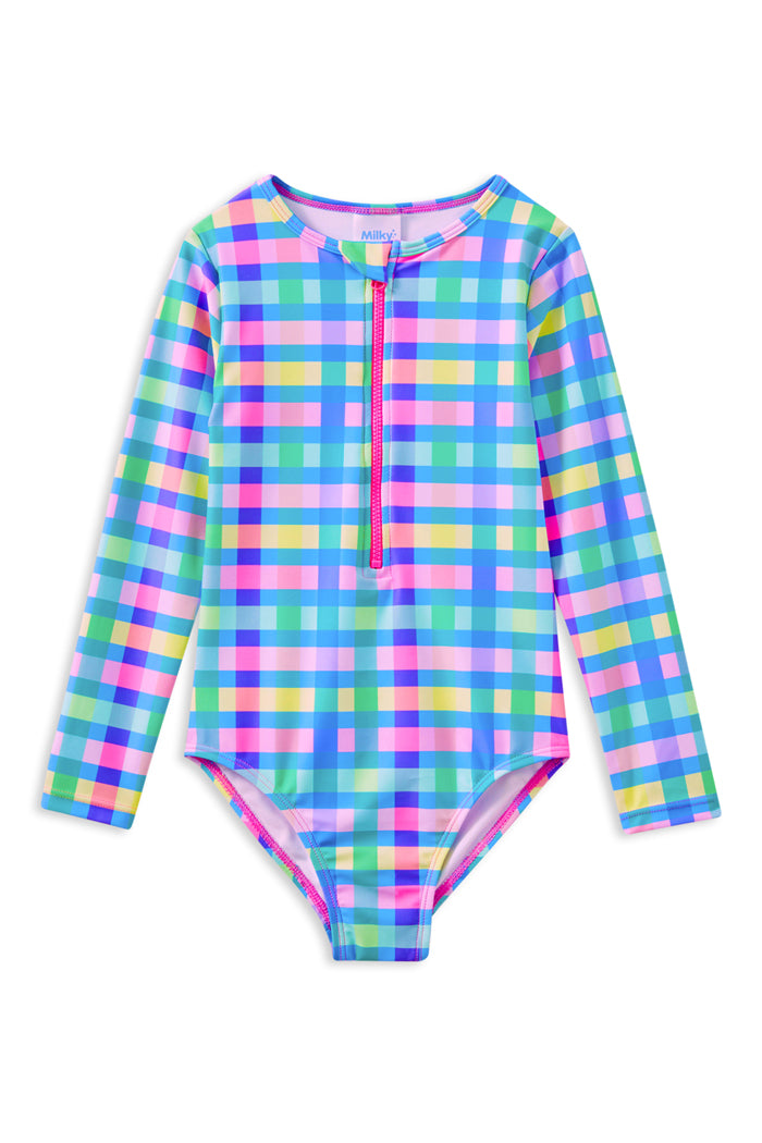 Girls Picnic Check Long Sleeve Swimsuit