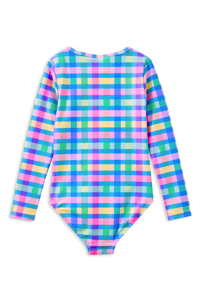 Girls Picnic Check Long Sleeve Swimsuit