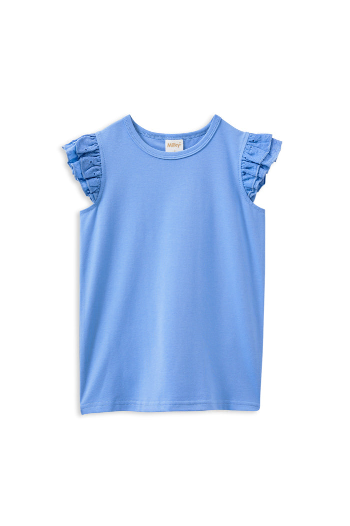 Girls Blue Broderie Frill Tee