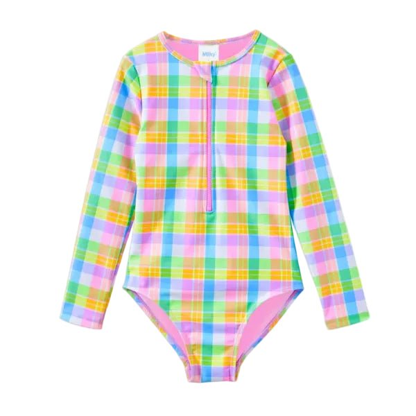 Carnival Check Long Sleeve Swimsuit - Milky