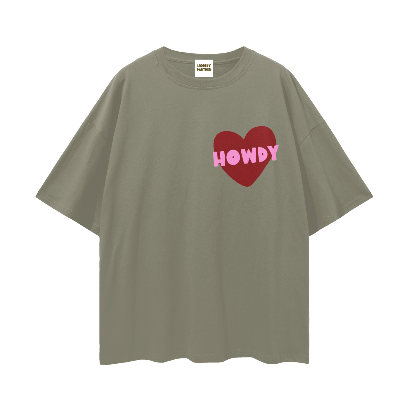 Howdy Partner Oversized Tee - Dusty Olive Howdy Heart
